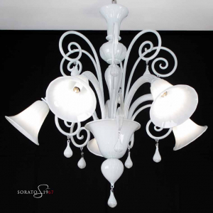 Lampadario Murano Canova 5 luci bianco Lampadario Murano Canova 5 luci bianco