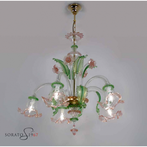 Pisanello lampadario Murano verde rosa oro 5 luci