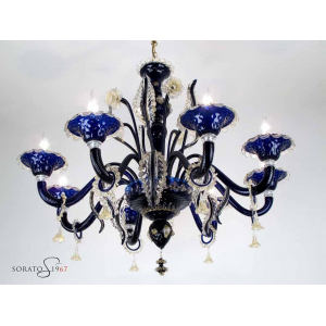 Lampadario Murano Botticelli blu cobalto oro 8 luci Lampadario Murano Botticelli blu cobalto oro 8 luci