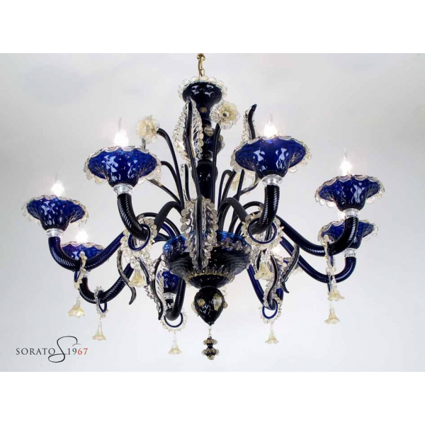 Botticelli lampadario Murano blu cobalto oro 8 luci
