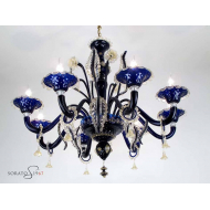 Lampadario Murano Botticelli blu cobalto oro 8 luci