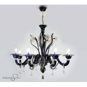 Lampadario Murano Botticelli blu cobalto oro 8 luci Lampadario Murano Botticelli blu cobalto oro 8 luci