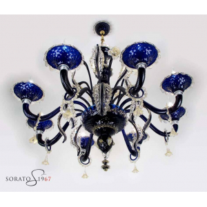 Lampadario Murano Botticelli blu cobalto oro 8 luci Lampadario Murano Botticelli blu cobalto oro 8 luci