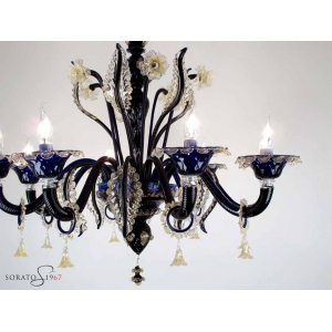 Lampadario Murano Botticelli blu cobalto oro 8 luci Lampadario Murano Botticelli blu cobalto oro 8 luci