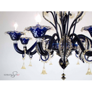 Lampadario Murano Botticelli blu cobalto oro 8 luci Lampadario Murano Botticelli blu cobalto oro 8 luci