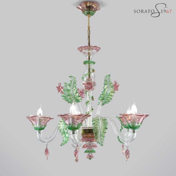Tiepolo lampadario Murano rosa verde oro 5 luci